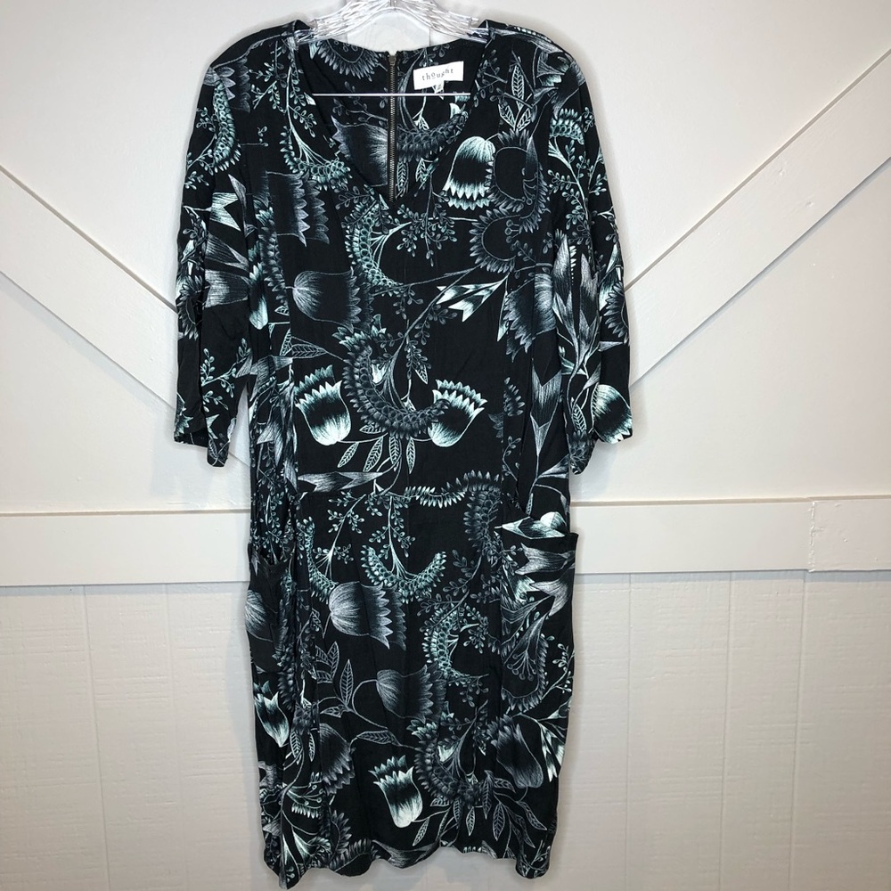 Thought Lagenlook Floral MIDI Dress Women 14 Large Pockets Tencel Viscose Blend